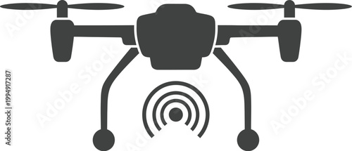 Drone icon displays a sleek quadcopter silhouette paired with a radiating wireless signal symbol on a clean white background.