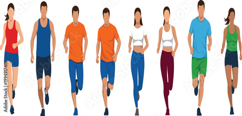 Professional runners vector set featuring diverse male and female athletes in colorful sportswear for marathon racing and fitness app design