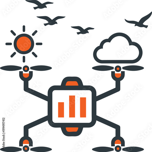 Drones equipped with atmospheric sensors monitor weather conditions and data trends under the flight of migratory birds.