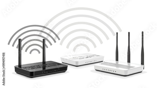 Wireless routers with antennas emitting wifi signals