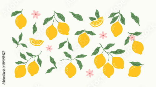 Set of doodle lemons. Summer citrus illustrations