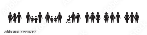 Various human groups icons showing families elderly care and people with mobility challenges