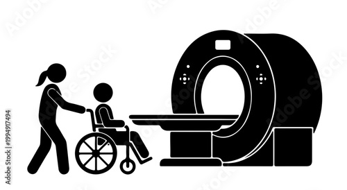 Silhouette of medical staff pushing patient in wheelchair towards mri scanner