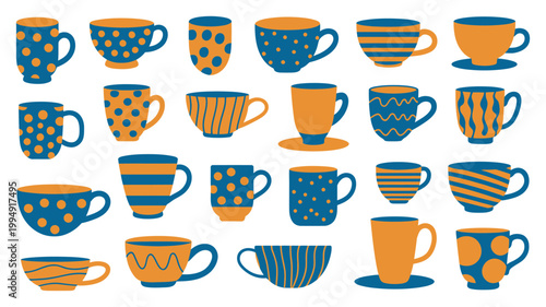 Ceramic coffee mugs grid set, large variety patterned colorful cups arranged for kitchen illustration, home tableware design vector