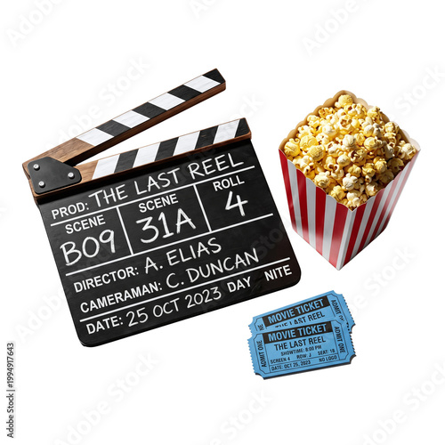Φωτογραφία Movie production clapperboard with popcorn and tickets