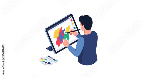 Digital Artist Creating Vibrant Abstract Art on Tablet with Stylus, Graphic Design and Creative Illustration Concept