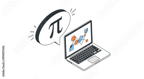 Isometric Illustration of a Laptop with Pi Symbol and Geometric Data Visualization for Mathematics and Science