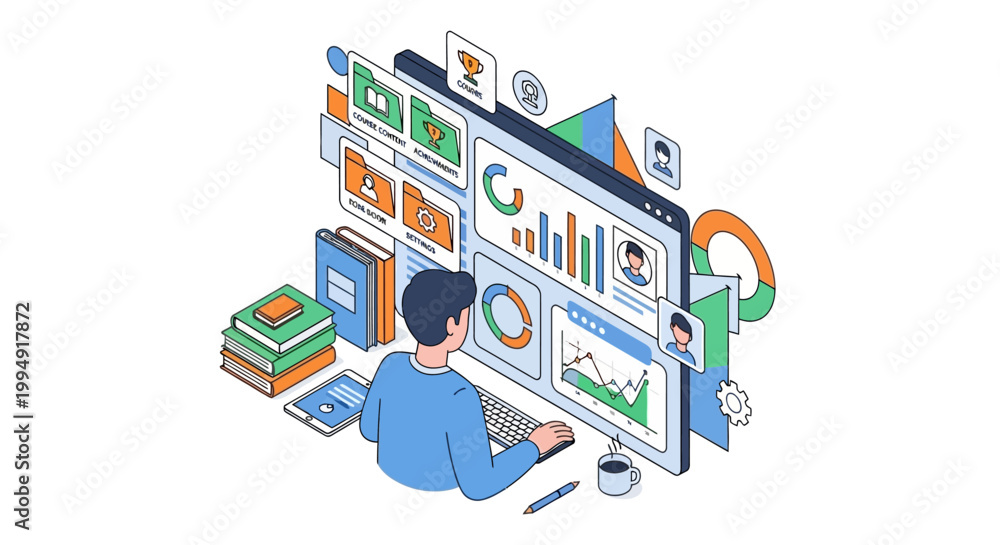 Obraz premium Isometric E-learning Platform Illustration with Student Analyzing Dashboard Data, Course Progress, and Educational Analytics on Computer Screen