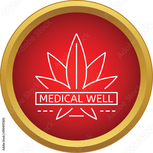 Cannabis leaf icon on a red button recognizing medical well and herbal healthcare