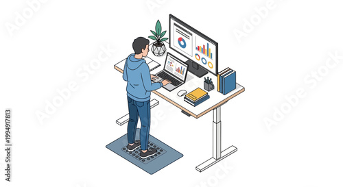 Man Working at Adjustable Standing Desk with Laptop and Dual Monitors Isometric Illustration