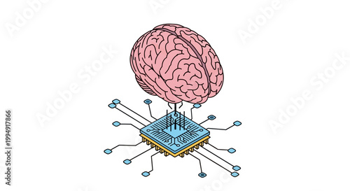 Isometric Illustration of Human Brain Connected to Computer Processor Chip - Artificial Intelligence and Neural Network Concept