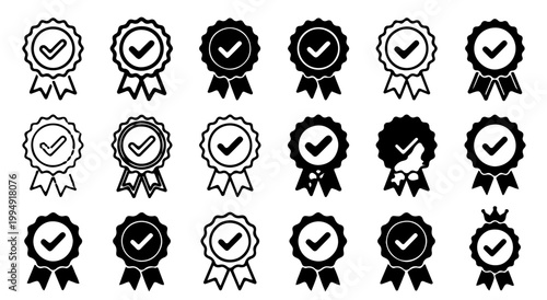 Collection of certified approved and verified badges with checkmarks, checkmark