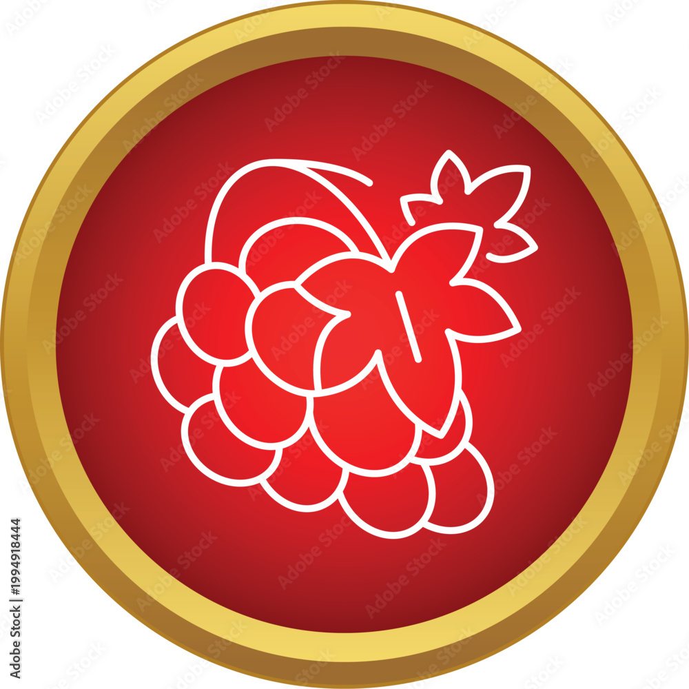 Fototapeta premium Bunch of grapes outline with vine leaves in a golden framed red circle