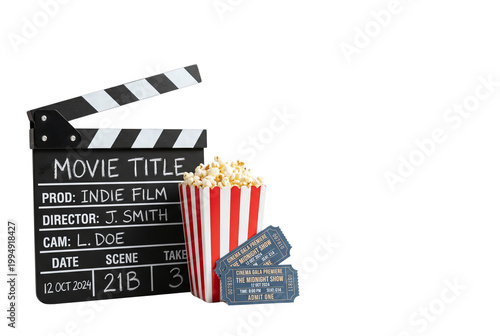 Εκτύπωση καμβά Movie production clapperboard with popcorn and cinema tickets