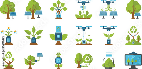 Eco technology and smart farming icons set with solar trees, automated irrigation and sustainable agriculture concepts in flat style