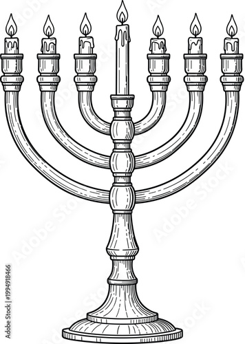 "Detailed black and white menorah illustration with seven branches and lit candles, traditional Jewish candelabrum symbolizing light, wisdom, and faith"