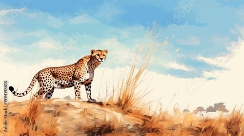 A solitary cheetah stands alert on a rocky outcrop amid golden savannah grasses under a bright blue sky
