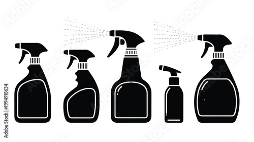 Black and white illustration shows various cleaning spray bottles spraying liquid.