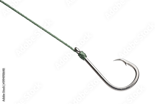 Sharp metal fishing hook with braided green line
