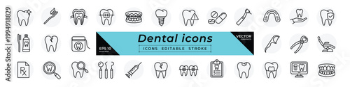 Dental outline icon set. Vector line art of teeth, dentist tools, braces, implants and oral care for dentistry clinic. Editable stroke.
