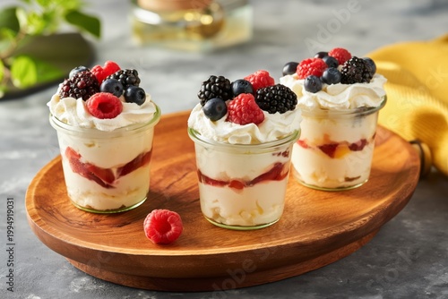 Delicious Dessert Cups With Fresh Berries Served on a Wooden Platter in a Bri...