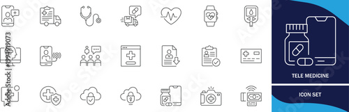 Modern telemedicine vector icon set featuring online doctor, remote care, and digital healthcare elements in clean minimal style.