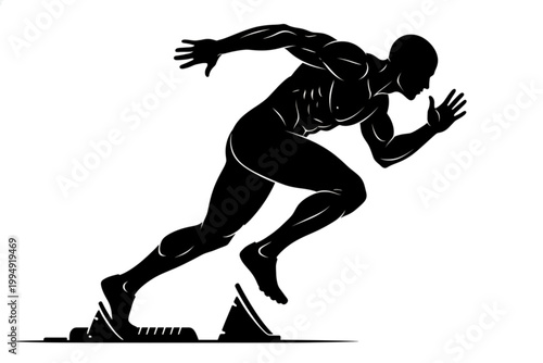Silhouette of a Sprinter: A dynamic silhouette captures a sprinter at the starting blocks, poised to explode with power and speed. a powerful scene