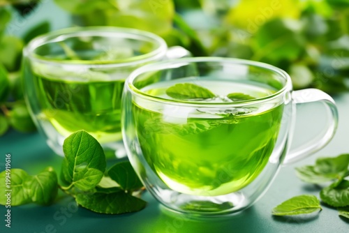 Refreshing Green Tea Served in Clear Glass Cups With Fresh Mint Leaves on a T...