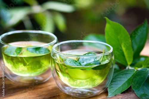 Freshly Brewed Tea With Herbs in Clear Cups on a Wooden Table Surrounded by G...