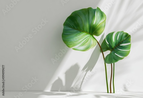 Two vibrant green leaves with shadows against a bright white backdrop