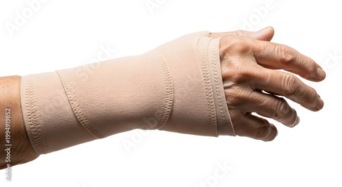 Injured wrist wrapped in bandage first aid and support
