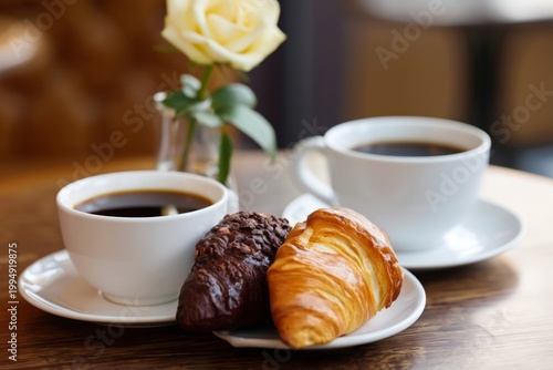 Enjoy Coffee and Pastries at a Cafe With Fresh Flowers on a Wooden Table Duri...