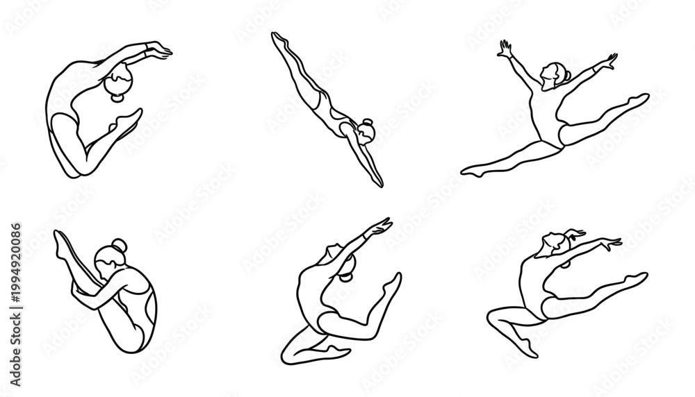 Obraz premium Minimalist Gymnastics Pose Line Art Set Black and White Outline Female Gymnast Vector Collection