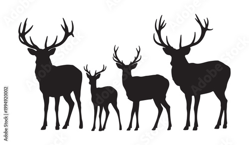 Four deer silhouettes with large antlers standing on white background, majestic animals illustration.