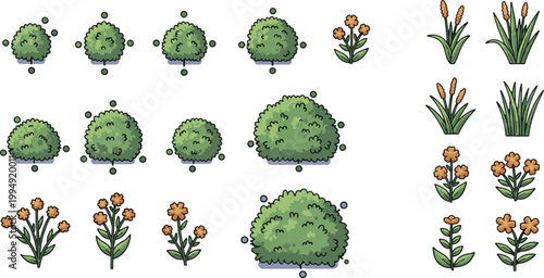 Garden Landscape Design Elements Set with Green Bushes Shrubbery and Small Flowers