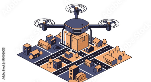 Isometric Drone Delivery Service Illustration - Future Logistics and Smart City Package Shipping Concept