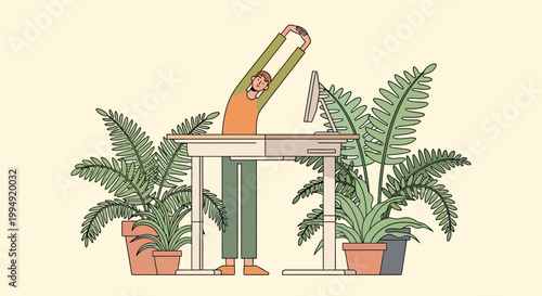 Man Stretching at Standing Desk in Green Office Illustration for Wellness and Productivity