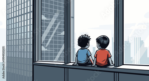Two boys sit on a windowsill looking out at a cityscape