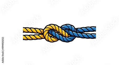 Two braided ropes, yellow and blue, intricately tied together in a secure knot