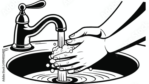 A person washes their hands under a running faucet in a sink.