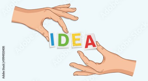 Two hands assembling colorful letter blocks spelling the word IDEA