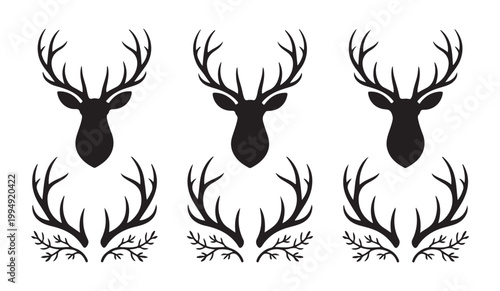 Set of deer head silhouettes with antlers and decorative floral elements for logo design and outdoor hunting emblem.
