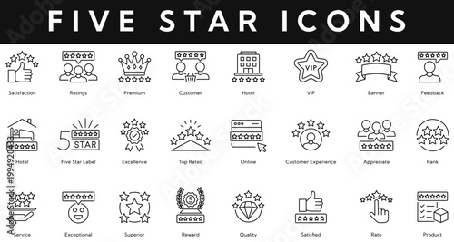 Five Star icon set contains satisfaction, ratings, premium, customer, feedback, quality, reward, service, hotel, top rated, experience, rank. Vector illustration outline icons with editable stroke