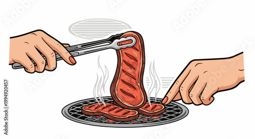 Two hands grilling sizzling steaks on a barbecue grill