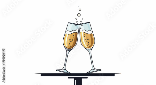 Two champagne glasses clinking together, filled with bubbly golden liquid