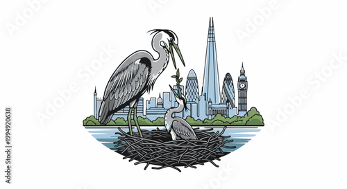 Two herons feeding in a nest against a city skyline