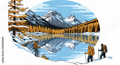 Two hikers trek through a snowy landscape, with snow-capped mountains and a reflective lake