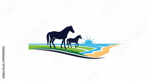Two horses silhouetted against a sun rising over a serene beach and ocean scene