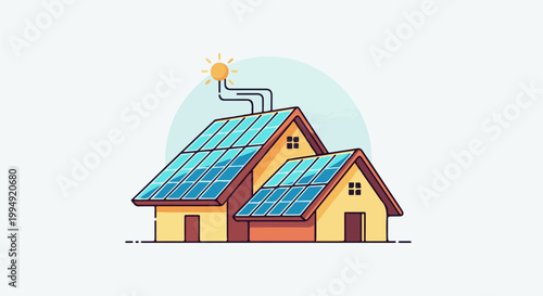 Two houses with solar panels on roofs connected to a sun symbol