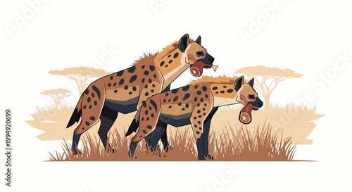 Two hyenas with meat in their mouths stand in a grassy savanna with trees